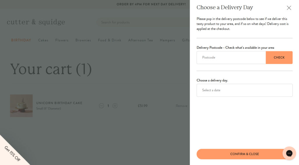 The Date & Delivery Selector App in action on the Cutter & Squidge website.