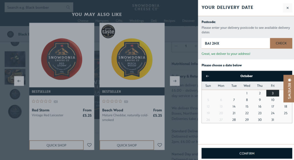 The Date & Delivery Selector App in action on the Snowdonia Cheese website.